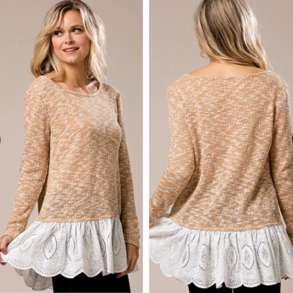 Andree by Unit Heathered Mustard Long Sleeve Knit Eyelit Ruffled Hem Top Small
